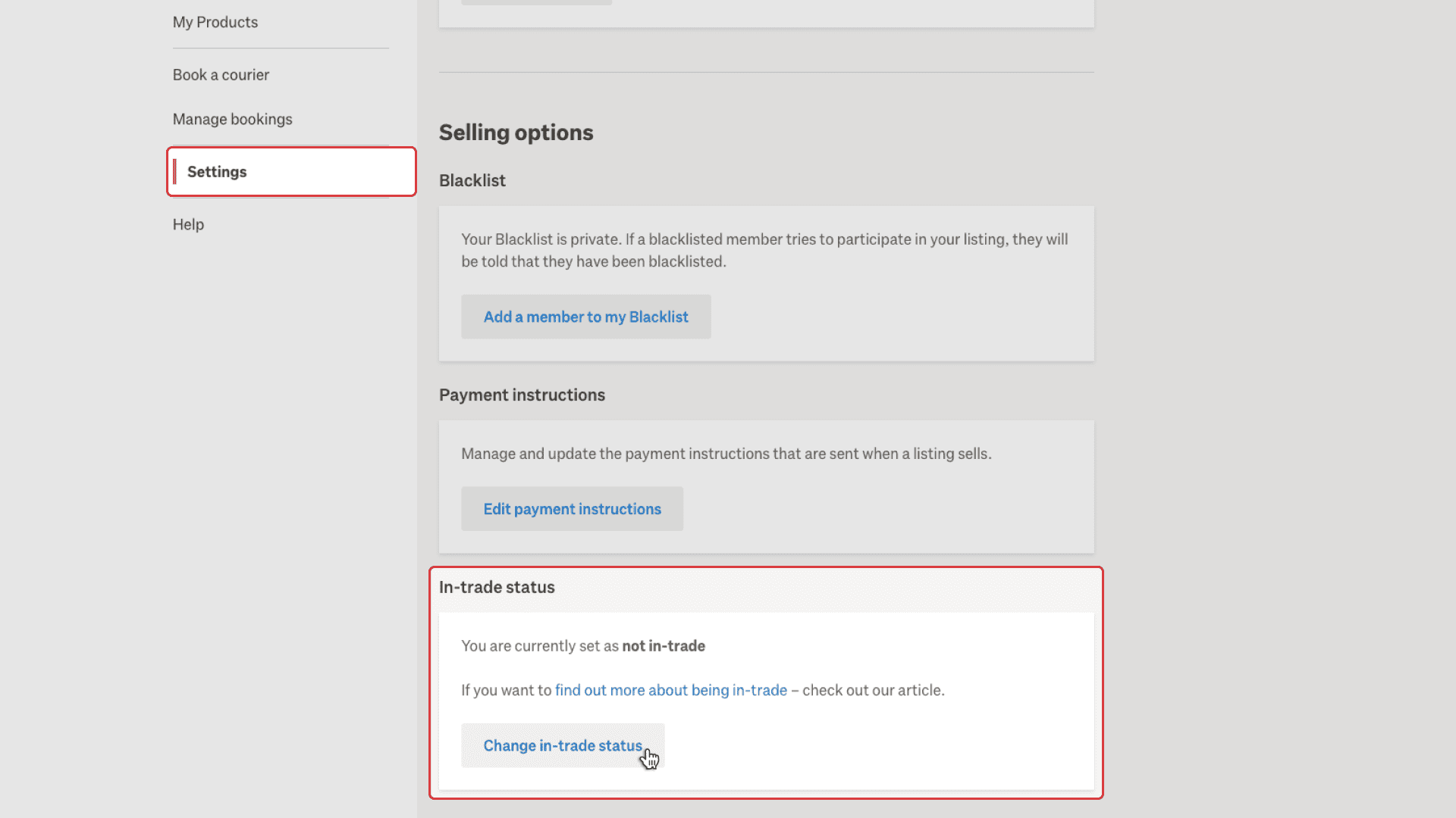 'Settings is the sixteenth option, or second to last, in the left-hand navigation column within My Trade Me. Once selected, navigate to the scond heading 'Selling options', then to the third subheading 'In-trade status'.