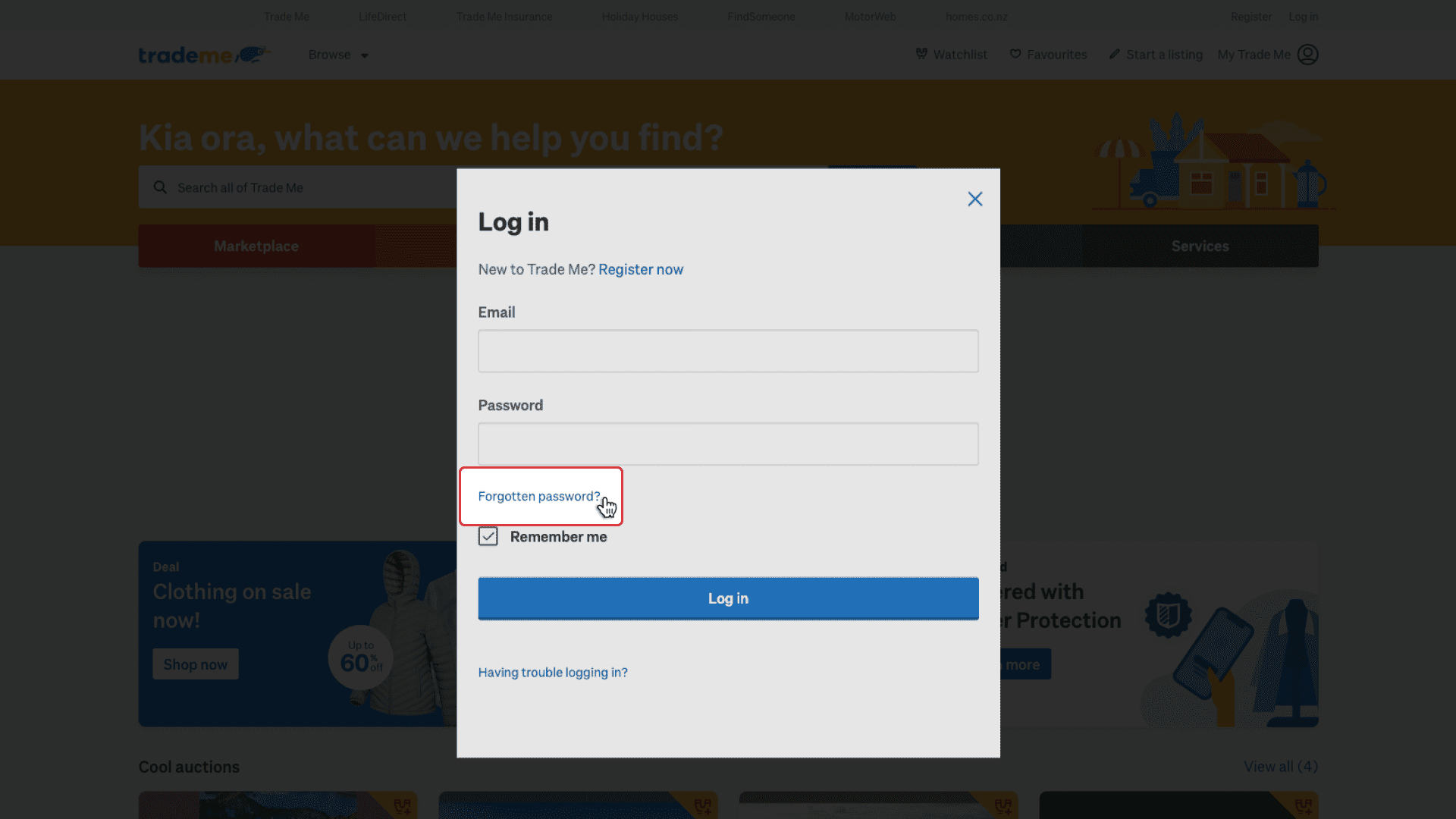 The 'Forgotten password?' button sits directly underneath the 'Password' text field, on the login page.