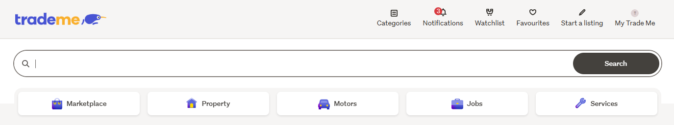 Trade Me homepage with search bar