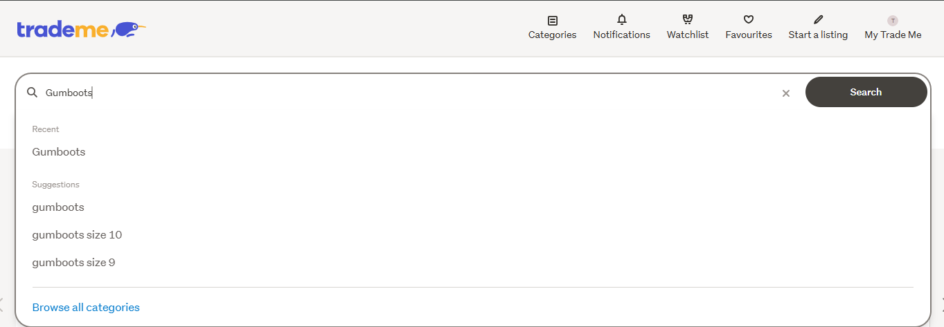 Trade Me home page with a search term in the search bar
