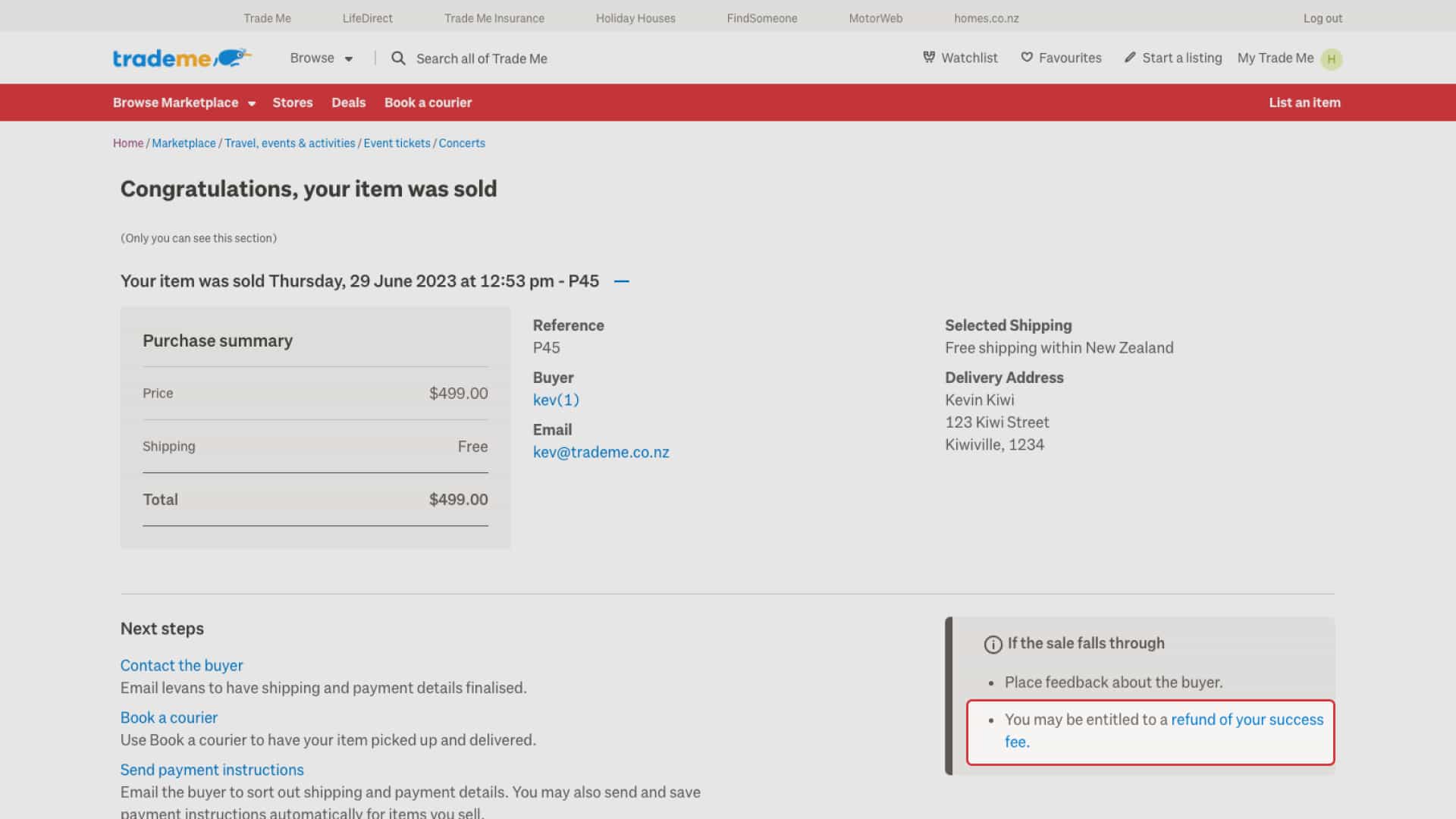 On your sold listing page, navigate to 'Your item was sold' group. Then, navigate to 'Information, image' – 'If the sale falls through'. Select 'refund of your success fee, button' from list item 3.