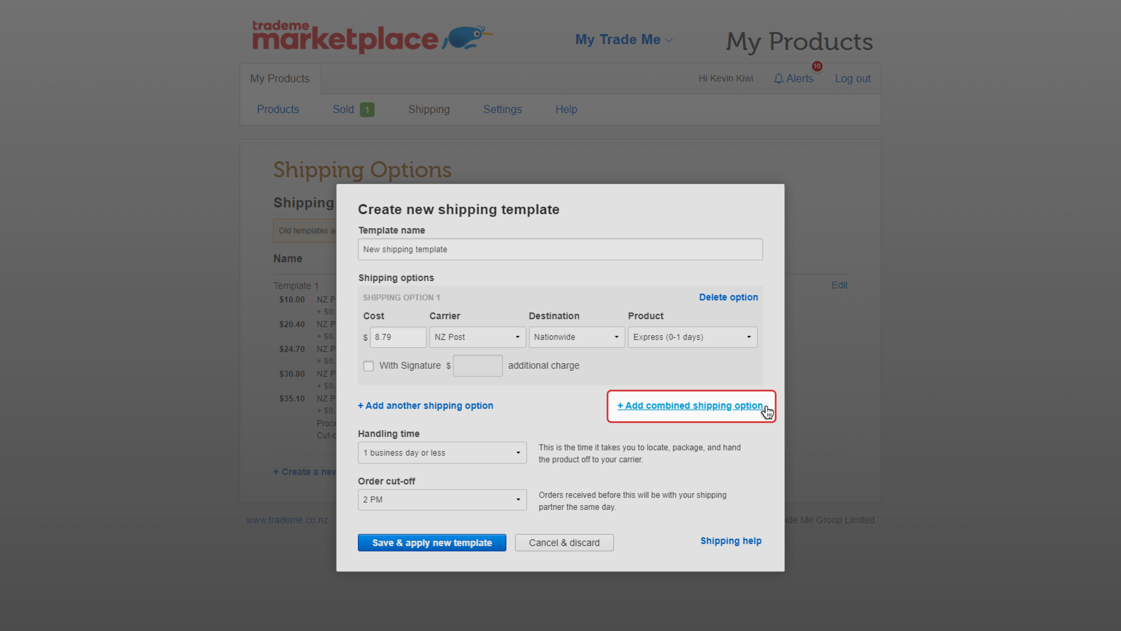 Screenshot of combined shipping selection in My Products.